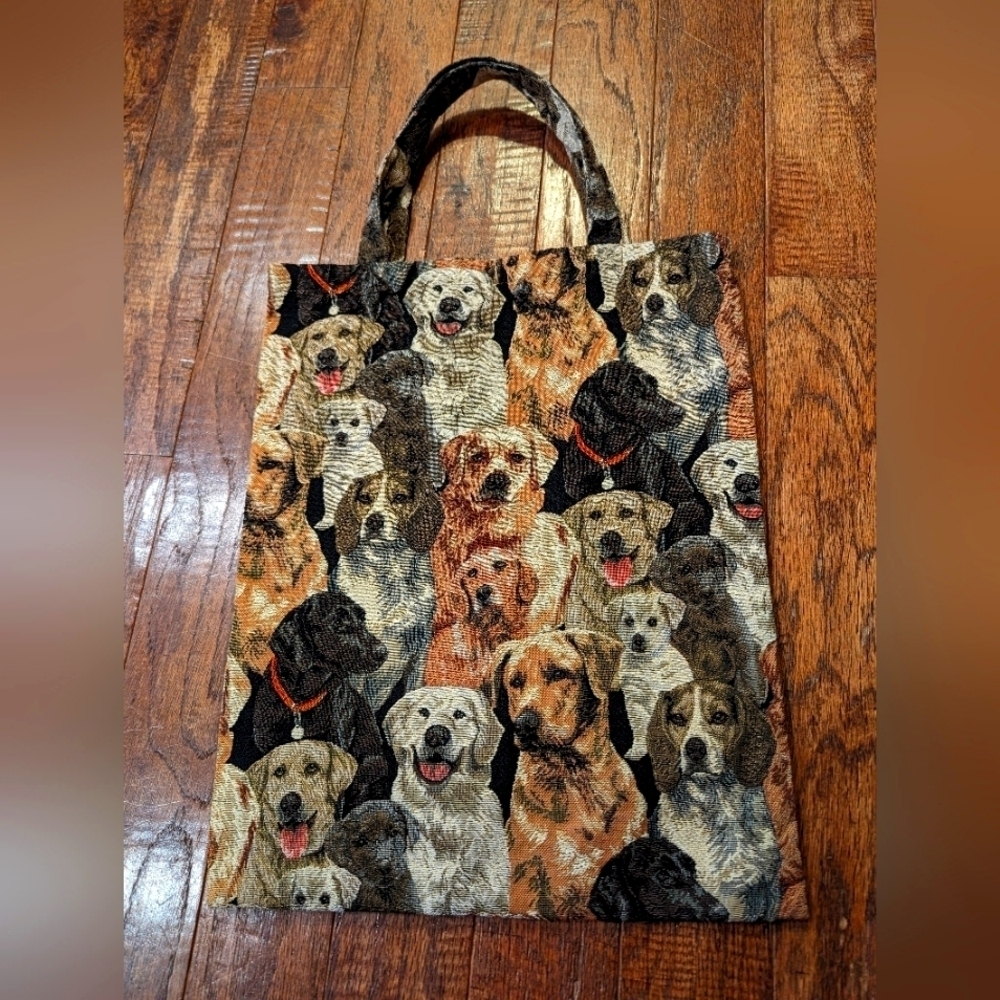 Dogs tapestry hand bag 14"x 12.5 Labrador Spaniel Jaquard Brown & Black Bag